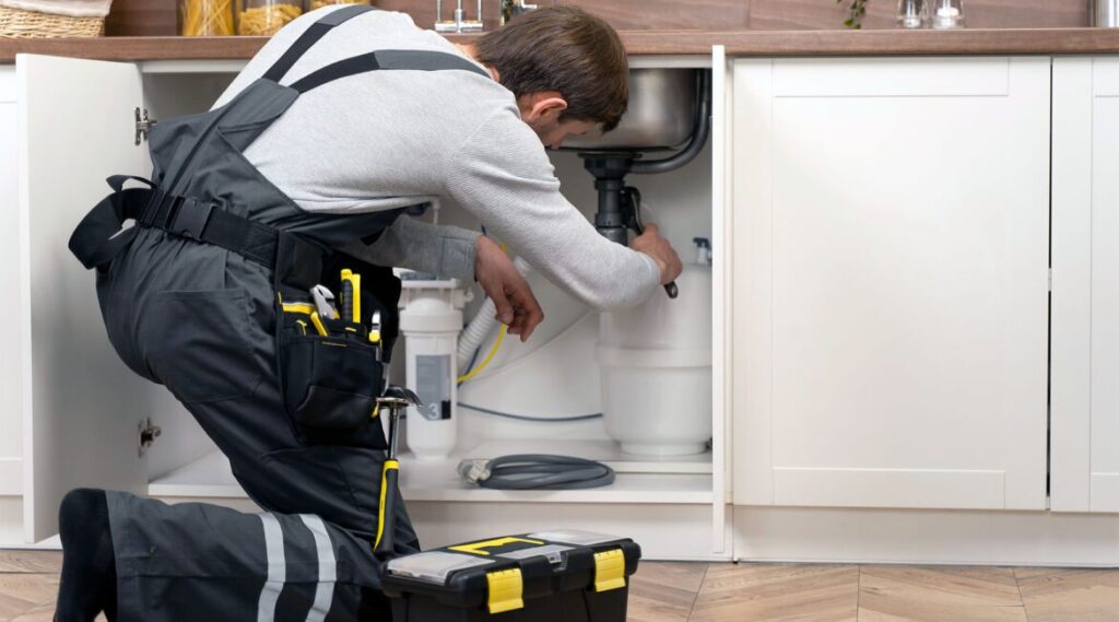 A man doing the emergency drain repairs for the kitchen.